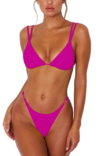 Image of Women's Sexy Thong Bottom Two Piece Bikini Double Shoulder Straps Cute Swimsuit Triangle Bathing Suit