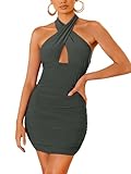 REORIA Women's Sexy Mini Dress Halter Sleeveless Backless Bodycon Criss Cross Ruched Short Dresses Party Night Club Outfits Thyme Medium