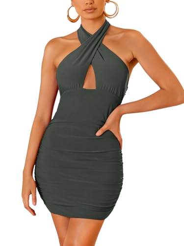 REORIA Women's Sexy Mini Dress Halter Sleeveless Backless Bodycon Criss Cross Ruched Short Dresses Party Night Club Outfits Thyme Medium