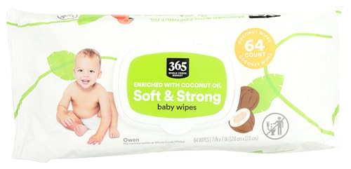 Image of 365 by Whole Foods Market, Soft & Strong Disposable Baby Wipes, Enriched with Coconut Oil, 64 Count