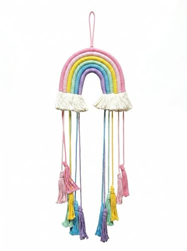 Image of JH Gallery Handmade Rainbow Macrame Wall Hanging - Colorful Cotton Rope Boho Wall Art with Tassels for Nursery, Kids Room and Bedroom Wall Decor, Cozy Home Decor for Living Room.