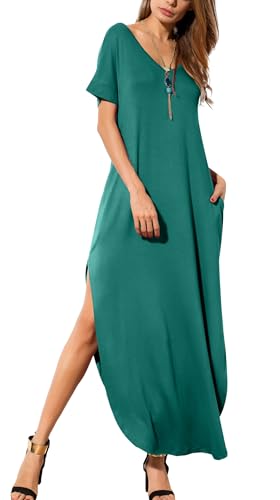 Image of GRECERELLE Women's Summer Maxi Dress Casual Loose V Neck Short Sleeve Side Split Long Dresses with Functional Pockets