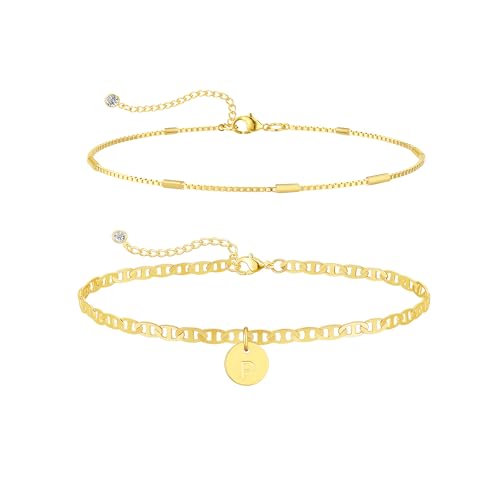 Image of Initial Ankle Bracelets for Women 14K Gold Plated Dainty Layered Round Letter Anklets Beach Jewelry Gift