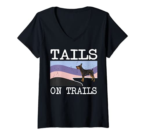 Womens Miniature Pinscher Tails On Trails Funny Dog Hiking V-Neck T-Shirt, Black