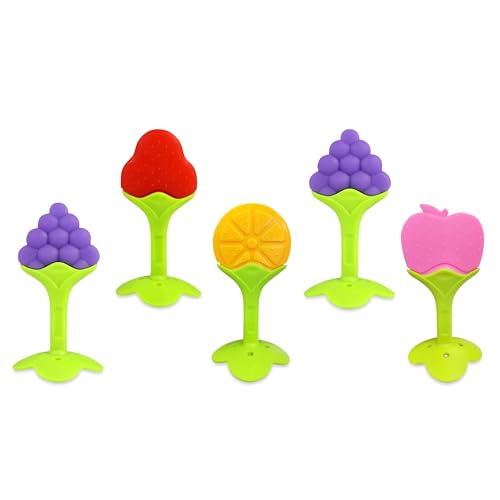 Image of GLUN Super Soft Silicone Baby Fruit Teething Toy for 0-12 Months, Pack of 5, BPA Free Silicone Soothing Teether Soft & Safe Gum Relief Toy