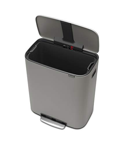 Image of Brabantia Bo Step-On Kitchen Trash Can with Single Compartment | Mineral Gray | 16 Gal Inner Bucket | Soft-Close Garbage Can, Light Pedal Operation, Stay-Open Lid | Fits Against Wall | + Trash Bags