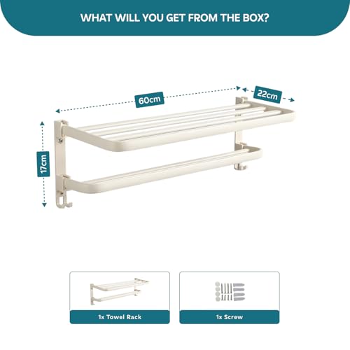 Image of MIORAH 24 Inch Powder - Coated Aluminium Towel Rack with Hooks - Rust - Free, Space - Saving Bathroom No Drill Self Adhesive Towel Rack Easy Installation White