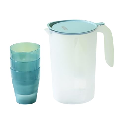 SHINEOFI Jarra de Agua Práctica 1500 Ml Pequeña en Azul Nórdico Tapa Abatible y 3 Tazas de Plástico Resistente para Bebidas Frías y Jugos en Cocina y Hogar