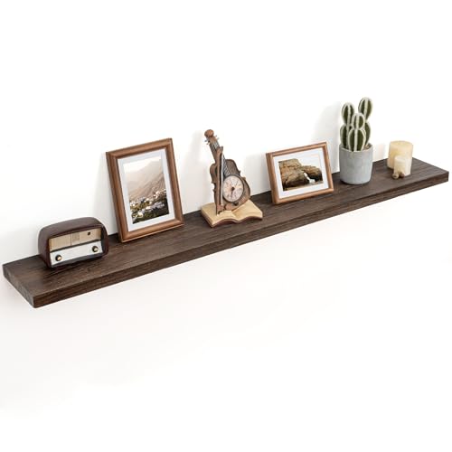 Image of Floating Shelves for Wall Decor, 8 Inch Deep Rustic Solid Elm Wood Floating Shelves Wall Mounted, Wall Shelves with Invisible Bracket for Living Room Bathroom Bedroom Kitchen, 55 Inch Set of 1, Walnut