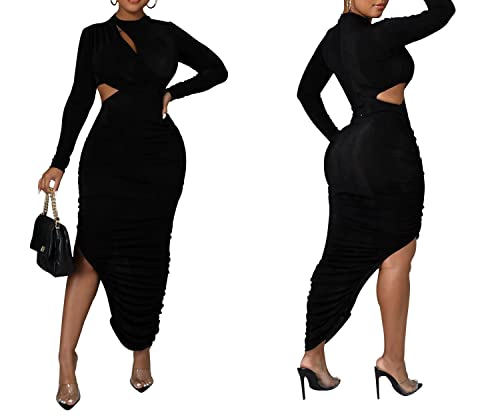 Women's Sexy Ruched Long Sleeve Bodycon Dress Cut Out Solid Color Basic Fitted Elegant Midi Dresses3