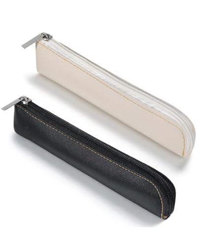 FUGLUS 2Pcs estuches delgados para lápices, estuche de cuero para lápices, estuche pequeño con cremallera, bolsa de cosméticos portátil para suministros de papelería, negro/beige