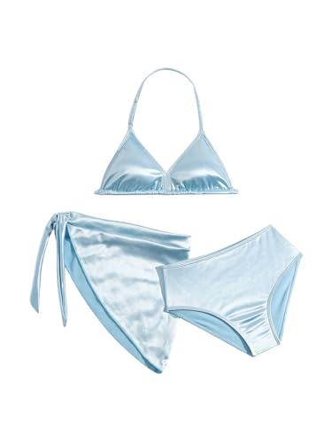 SHENHE Girl's 3 Piece Metallic Bathing Suit High Waisted Halter Triangle Bikini Set with Cover Up3