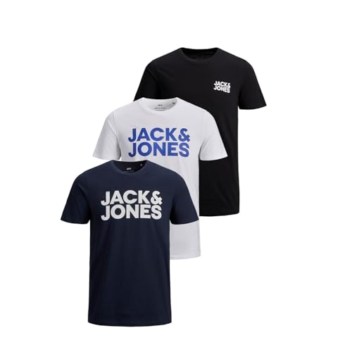 Jack&Jones Essentials - Camiseta para Hombre, Negro/Paquete: 1 Negro, 1 Azul Marino, 1 Blanco, XL