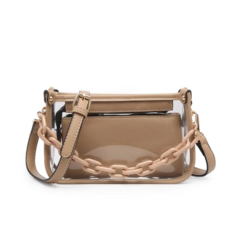 Jessica Vegan Clear Bag for Women Stadium Approved Crossbody Purses for Concerts Sports Events (Taupe)