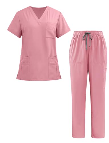 Happy Cherry Completi di Camici Unisex Casacca Medico a Manica Corta con Scollo V + Pantaloni con Coulisse a Vita Elastica Set di 2 Divise Sanitarie Rosa per Donna Uomo, M