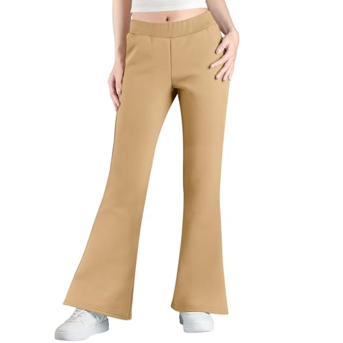 Image of BIG ELEPHANT Girls Fleece Flared Dress Pants – Soft Bell Bottom Uniform Pants with Pockets for School or Daily Wear Khaki