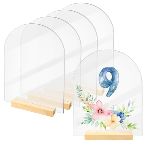 Image of Bercoor 5 Pack 8x10 Inch Blank Clear Arch Acrylic Sign with Wooden Stands, Arched Round Top Acrylic Sheet, Arch Table Numbers for DIY Name Card Gifts Event Party Sign Decoration