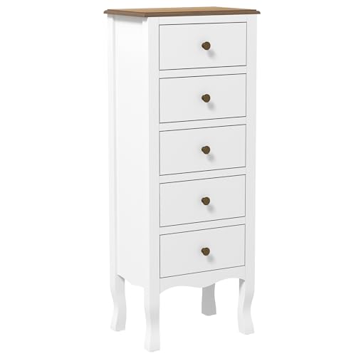 HOMCOM Commode 5 tiroirs Chiffonnier Meuble de Rangement Compact Blanc avec poignée Bouton Effet Laiton, pour la Chambre, entrée, Salon, dim. 45L x 30l x...