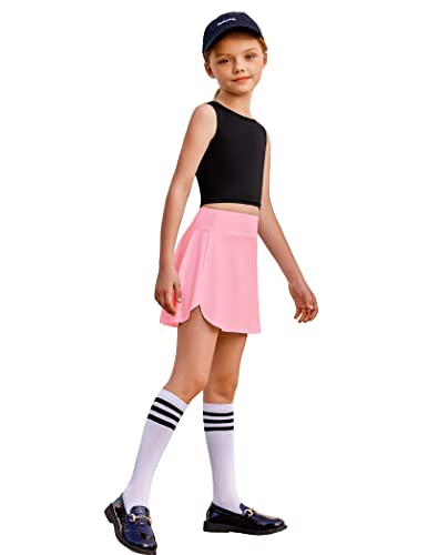 Hopeac Girls' A-Line Skirt Pink Athletic Tennis Skirts With Pockets Ruffle Golf Running Workout Ice Silk Flowy Skorts With Sports Shorts 10-11 Y #TOP4