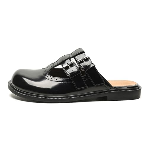 XHOGNLS Women Round Toe Low Heel Mules with Buckle Straps Fashion Carved Wingtips Comfort Baotou Flat Slip-On Backless Slingback Mary Janes for Walking Dress Party (Black,6)