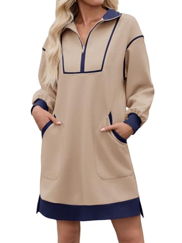 Image of Wenrine Womens Half Zip Sweatshirt Dress Fall V Neck Contrast Mini Dresses