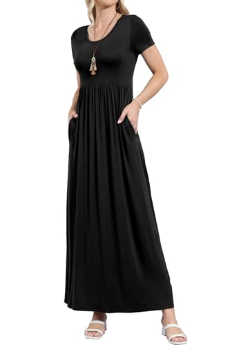 Image of EUOVMY Women's Short Sleeve Loose Plain Maxi Dresses Casual Vacation Long Dresses with Pockets