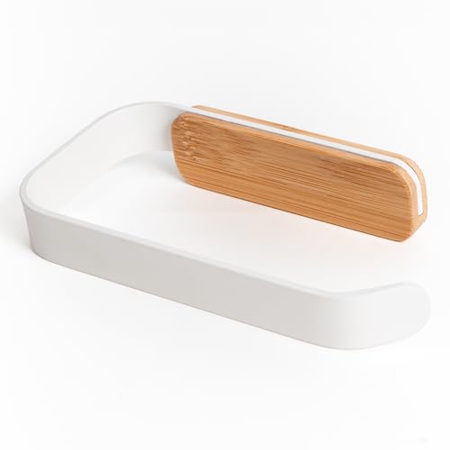 KAZAI.® Porte-Rouleau de Papier Toilette Leif - Fixation Murale & Auto-adhésif (sans Perçage) | Acier Inoxydable & Véritable Bois de Bambou | Support Papier Salle de Bain | Blanc Mat