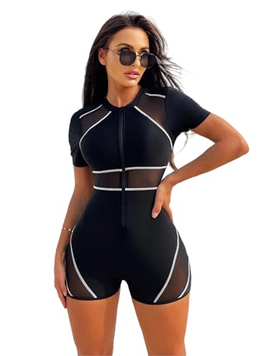 SISKIN Swim Suits for Women 2025, One Piece Tummy Control Short Sleeve Mesh Zipper Athletic Colorblock Modest Bathing Suit