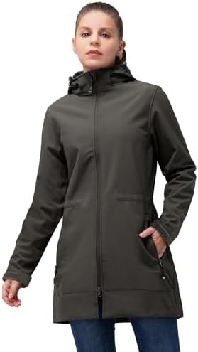 33,000ft Softshelljacke Damen Lange Übergangsjacke Leicht Softshellmantel | Wasserdicht Windbreaker, Frauen Warme Fleecejacke, 2-Wege Reißverschluss, Winddicht Wanderjacke mit Abne