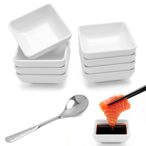 VQBKHO Lot de 8 Coupelles Carrées pour Sauces avec Cuillères en Acier Inox, Mini Coupelles Blanches en Mélamine Empilables pour Condiments Snacks Desserts Compatibles...