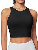 Heathyoga Longline Sports Bras for Women High Neck Tank Tops with Built in Bras Workout Tops for Women Racerback Yoga Bra Black