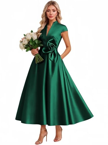 Tea Length Mother of Bride Dress with Short Sleeves Satin A-line Formal Women Wedding Guest Prom Gowns