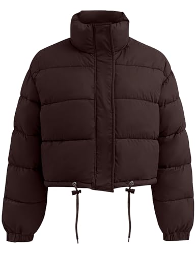 Flygo Women Cropped Puffer Jacket Winter Long Sleeve Quilted Puffy Bubble Padded Short Coats with Drawstring(Coffee-S)