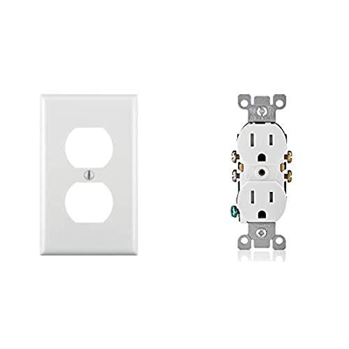 Image of Leviton 80703-W, 1 pack, White and Leviton T5320-W Straight Blade Tamper Resistant Duplex Receptacle, 125 V, 15 A, 2 Pole, 3 Wire, 1 Pack, White