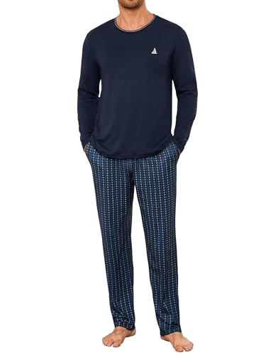 Jahetuul Pijama Hombre Largo Algodon con Bolsillos Pijamas Hombre Invierno con Pantalón Largo a Cuadros con Cordón en la Cintura Suave y Cómodo