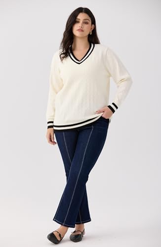 Image of CARCOS Plus Size Sweaters for Curvy Women Long Sleeve Cable V Neck Sweater Knit Pullover Preppy Style Fall Winter XL-5XL