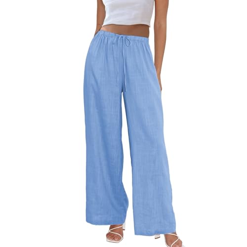 Image of Duyang Womens Cotton Linen Palazzo Pants Drawstring Elastic Waist Casual Wide Leg Trousers with Pockets