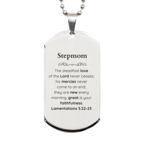 SOFEELSTORE Stepmom Lamentations 3:22-23 Silver Dog Tag Christian Scripture for Stepmom Birthday Christmas The Steadfast Love of The Lord Never ceases; his Mercies Never Come to an end.