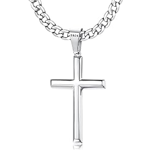 Besteel 925 Sterling Silver Cross Necklace Beveled Edge for Men Women 5mm Stainless Steel Non Tarnish Durable Cuban Link Curb Chain Crucifix Pendant Necklace Jewelry 16-30 Inches Christian Baptism Gifts