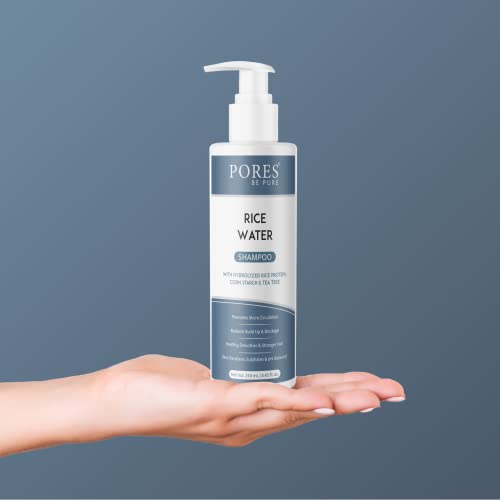 Image of PORES Be Pure Rice Water Shampoo with Hydrolyzed Rice Protein, Corn Starch & Tea Tree Oil | Sulphate-Free Hair Growth Shampoo for Strong, Smooth & Healthy Hair | For Men, Women & All Hair Types - ( 250 ml X 2 )