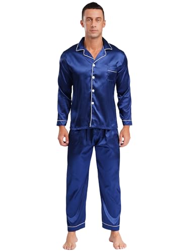 TiaoBug Men's Satin Pajamas 2Pcs Long Sleeve V Neck Loose Fit Sleepwear Set Button-Down Loungewear3
