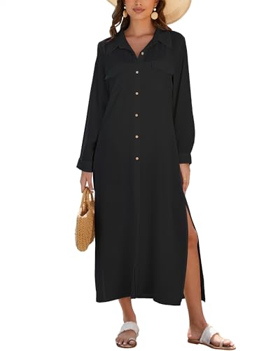 Bsubseach Damen Bademode Cover Ups Langarm Knopf Hemdkleid Strand Cover Up Kimono Beachwear Urlaub Schwarz L