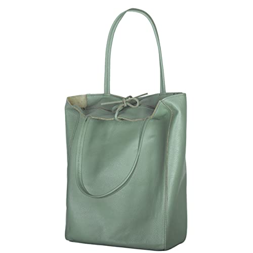 Image of Genuine Italian Leather Tote Bag for Women, Large Slouchy Purse, Sage Green | Unstructured bag, raw unlined interior with zip pocket, top zipper, side ties, folds flat, fits a 16-inch laptop, lightweight