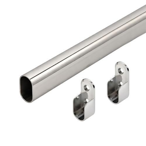 Image of VOLO Stainless Steel Oval Wardrobe Hanger Rod with End Supports - Heavy Duty Closet Hanging Rod for Clothes Storage, Wall-to-Wall Fitting (3 Ft, 3cm Thickness, Silver)