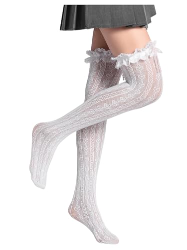 Milumia Women's Heart Print Lace Thigh High Stockings Ruffle Trim Bowknot Over Knee High Socks2