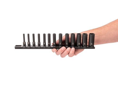 Image of TEKTON 1 /4 Inch Drive Impact Socket Set, 13-Piece | SID90101 | (5 /32 - 11 /16 in.), Deep, 6-Point, Socket Rail