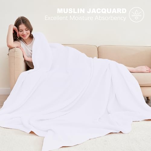 Image of Cosy Family 6 Layer Muslin Bed Blanket - Breathable and Lightweight Gauze Boho Blanket for Spring, Soft 100% Cotton Muslin, White, 80x90 Inches