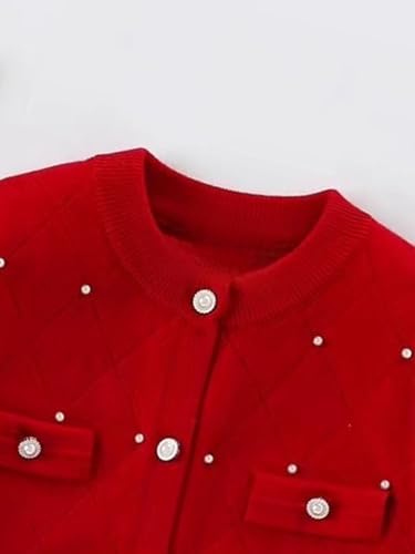 Image of Danny D Girls Beaded Knit Cardigan Solid Short Style Front Button Closure Sweater Long Sleeve Elegant Outwear Coat Jacket