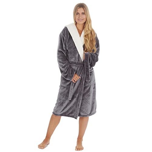 Style It Up Womens Ladies Dressing Gown Snuggle Fleece Super Soft Hooded Robe Loungewear (Charcoal, 8-10/XS-S)