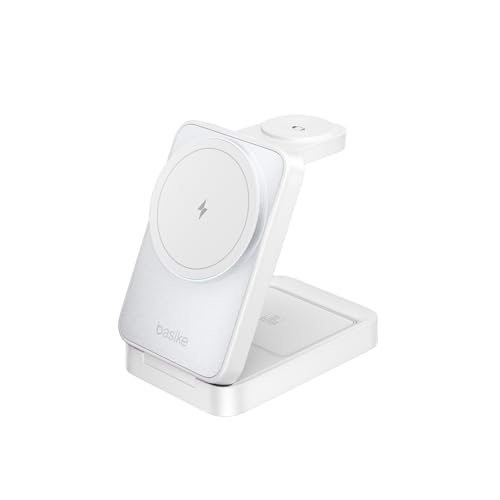 Basike Carregador Sem Fio 3 em 1 Magnético 2025, Estação de Carregamento Portátil com Luz Noturna, Dobrável e Compatível com MagSafe, iPhone 16/15/14/13/12, Apple Watch e AirPod (Branco)